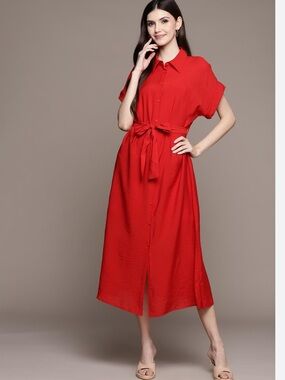 MANGO Vibrant Red Shirt Dress Midi Length Size 4 Statement Travel Summer Event
